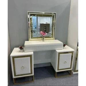 Royal White and Gold Turkish Fabric Bed with Velvet Tufting - Image 2