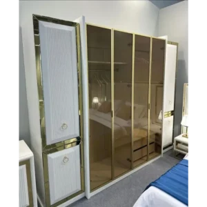 Royal White and Gold Turkish Fabric Bed with Velvet Tufting - Image 3