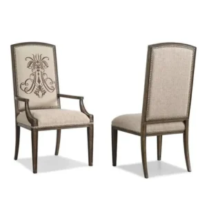 Classic High-Back Jute Upholstered Dining Chairs with Intricate Embroidery and Dark Wood - Image 1