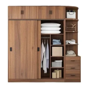 Modern Walnut Wood Sliding Door Cupboard with Integrated Open Shelving and Drawers - Image 1