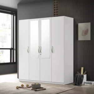 Modern White 4-Door Wardrobe with Dual Center Mirrors and Silver Handles - Image 1