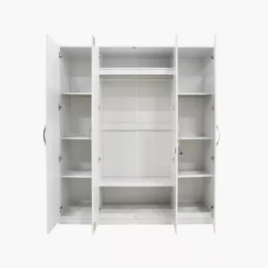 Modern White 4-Door Wardrobe with Dual Center Mirrors and Silver Handles - Image 2