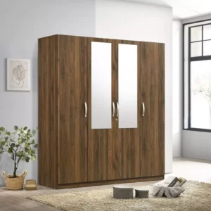 Modern White 4-Door Wardrobe with Dual Center Mirrors and Silver Handles - Image 3