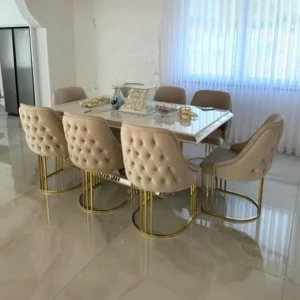 Luxury Turkish Style Beige and Gold Dining Set with Tufted Chairs - Image 1