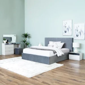 Elegant Grey Velvet Vertical Slat Bed with Matching Vanity Set - Image 1