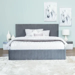 Elegant Grey Velvet Vertical Slat Bed with Matching Vanity Set - Image 2