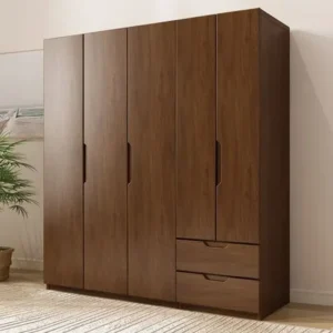 Modern Five-Door Wardrobe in Rich Walnut Finish with Integrated Drawers - Image 1