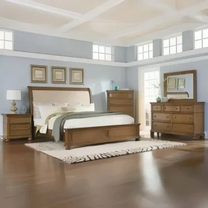 Classic Sleigh Bed Set in Light Brown Wood with Jute Fabric Inlay - Image 1