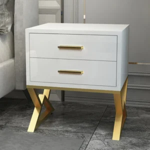 High Gloss White Side Table with Geometric Gold X-Base and Dual Storage Drawers - Image 1