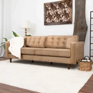 Emerald Green Velvet Sofa with Walnut Finish Tapered Legs - Image 2