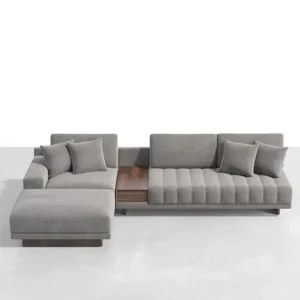 Modern L-Shaped Sectional Sofa in Grey Velvet with Integrated Wooden Side Table - Image 1