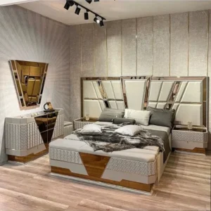 Turkish Style Geometric Mirrored Headboard Bedroom Set in Grey and Brown - Image 1