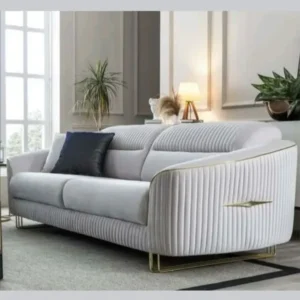 Turkish Style Luxury White Velvet Sofa with Vertical Pleating and Gold Accents - Image 1