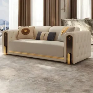 Turkish Luxury Cream Leatherette Sofa with Gold Chrome Accents - Image 1