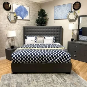 Classic Black Fabric Tufted Bed with Wingback Headboard and Studded Trim - Image 1