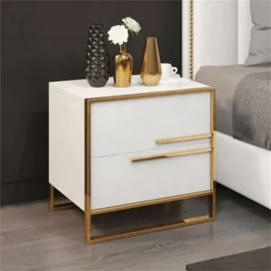 Luxury White and Gold Deco Side Table with Geometric Metal Frame - Image 1