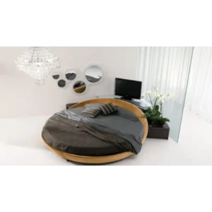 Contemporary Round Platform Bed in Light Brown Fabric with Circular Mirror Set - Image 1