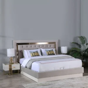 Luxury Turkish Grey Fabric Bed with Mirror Border Headboard - Image 1