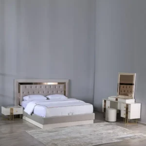 Luxury Turkish Grey Fabric Bed with Mirror Border Headboard - Image 2