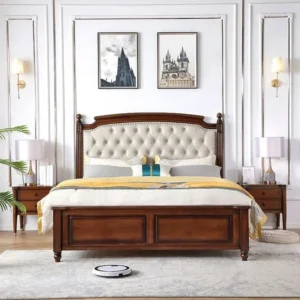 Classic Half Polish Light Brown Wood Bed with White Tufted Leatherette - Image 1