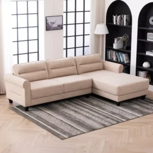 Elegant Beige L-Shaped Sectional Sofa with Deep Seating and Track Arms - Image 3
