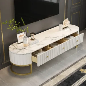 Luxury White Fluted LCD Unit with Marble Top and Curved Gold Base - Image 2