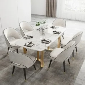 Elegant White Marble Dining Table Set with Gold Pedestal and Velvet Chairs - Image 1