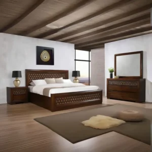 Handcrafted Modern Dark Brown Polish Bed with Intricate Lattice Headboard Design - Image 1
