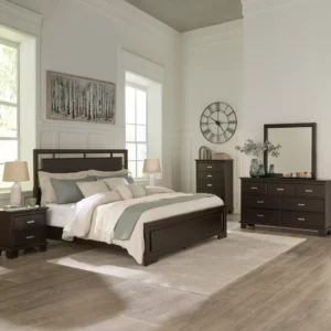 Classic Dark Brown Polished Solid Wood Bedroom Set with Paneled Headboard - Image 1