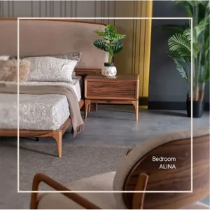 Alina Modern Half-Polish Wooden Bed with Curved Fabric Headboard - Image 3