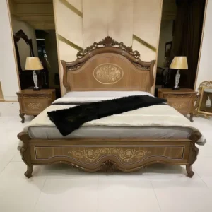 Luxury Hand-Carved Brown Polish Bed with Ornate Gold Leaf Detailing - Image 1