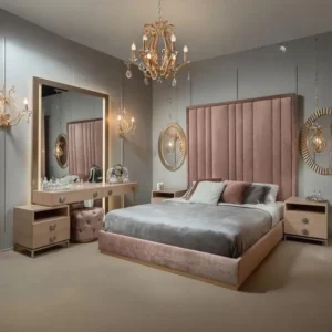 Simple Pink Velvet Wall Bed with Vertical Channel Tufted Headboard - Image 1