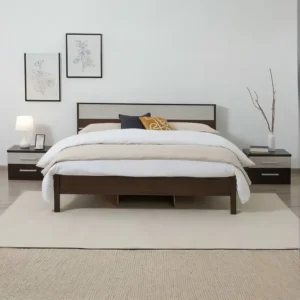 Simple Modern Dark Brown Polish Bed with Two-Tone Minimalist Headboard - Image 1