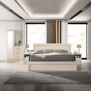 Contemporary Beige Laminated Bed Set with Sleek Linear Headboard - Image 1
