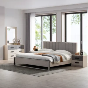 Contemporary Beige and Grey Laminated Fabric Bed - Image 1