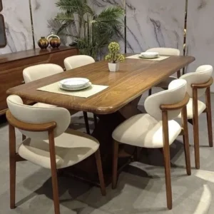 Mid-Century Modern Walnut Finish Dining Table with Curved White Velvet Back Chairs - Image 1