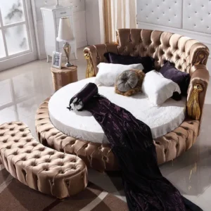 Opulent Round Chesterfield Bed in Brown Velvet with Matching Ottoman - Image 1