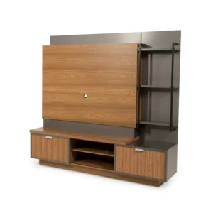 Modern Two-Tone Walnut and Charcoal Wall Mounted Entertainment Center with Integrated Shelving - Image 2