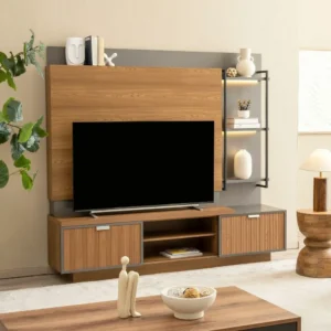 Modern Two-Tone Walnut and Charcoal Wall Mounted Entertainment Center with Integrated Shelving - Image 3