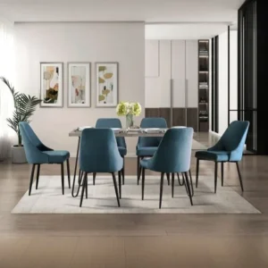 Modern Teal Velvet Upholstered Dining Room Set with Grey Marble Top Table - Image 1