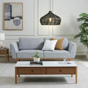 Modern Blue-Grey Fabric Sofa with Tapered Natural Wood Legs - Image 1