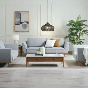 Modern Blue-Grey Fabric Sofa with Tapered Natural Wood Legs - Image 2