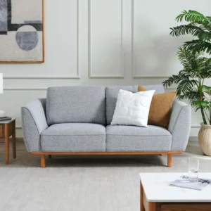Modern Blue-Grey Fabric Sofa with Tapered Natural Wood Legs - Image 3