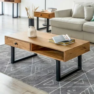Handcrafted Solid Wood Coffee Table with Storage Drawer and U-Shaped Legs - Image 1