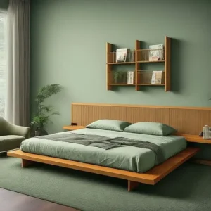Mid-Century Modern Low Profile Platform Bed in Polish Light Brown Finish - Image 1