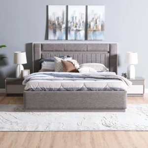 Turkish Style Grey Jute Fabric Bed with Vertical Slat Headboard and Integrated Storage - Image 1