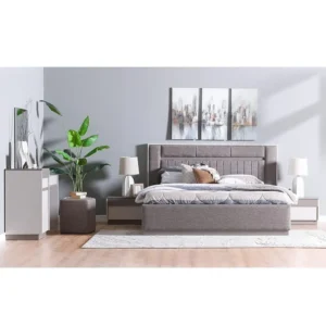 Turkish Style Grey Jute Fabric Bed with Vertical Slat Headboard and Integrated Storage - Image 2