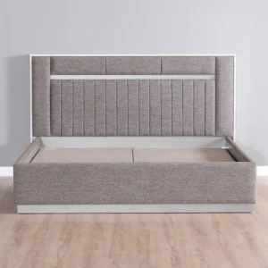 Turkish Style Grey Jute Fabric Bed with Vertical Slat Headboard and Integrated Storage - Image 3
