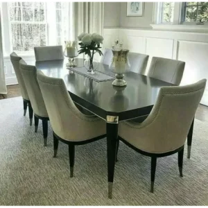 Sophisticated 8-Seater Grey Fabric Dining Set with Black Polished Table - Image 1