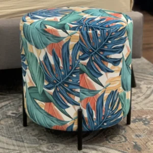Tropical Botanical Print Round Pouffe with Black Metal Legs - Image 2